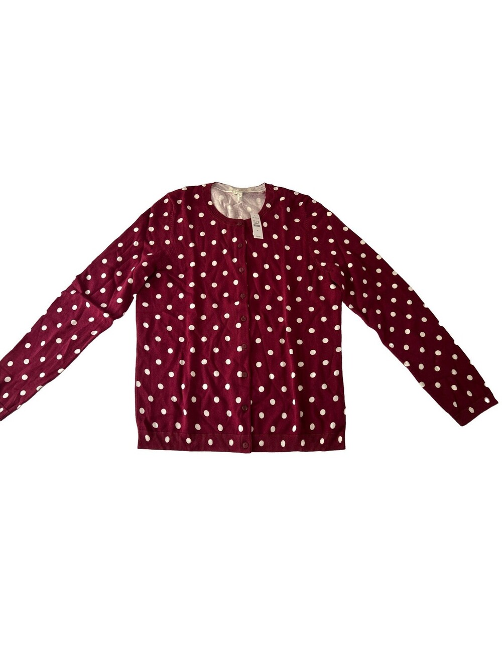 Talbots Cardigan Womens Medium Red Burgundy Polka Dot Sweater Cotton 3/4 Sleeve